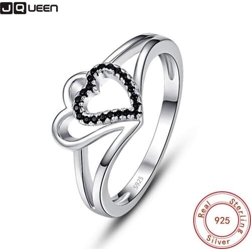 JQUEEN Silver Color Lovely Hollow Heart Black Color CZ Finger Ring For Women Wedding Engagement Jewelry