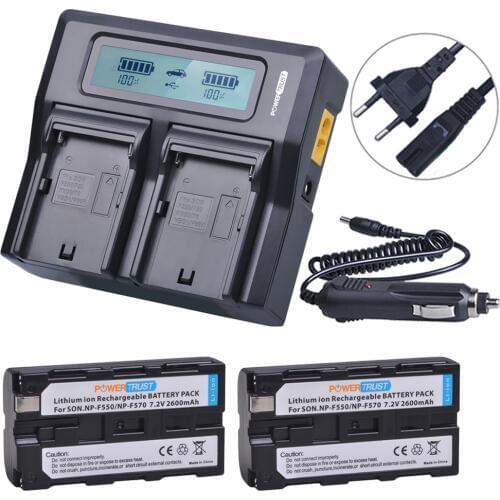 2Pcs 2600mAh NP-F550 NP-F570 F550 F570 Battery and Fast Dual Charger for Sony NP-F330 NP-F530 NP-F570 NP-F730 NP-F750 Hi-8