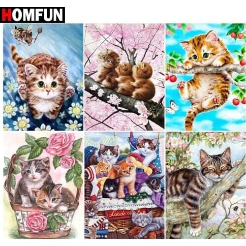 HOMFUN Square Round Drill 5D Diamond Painting Environmental Crafts Full Diamond Embroidery "Cat tree flower" Home decor