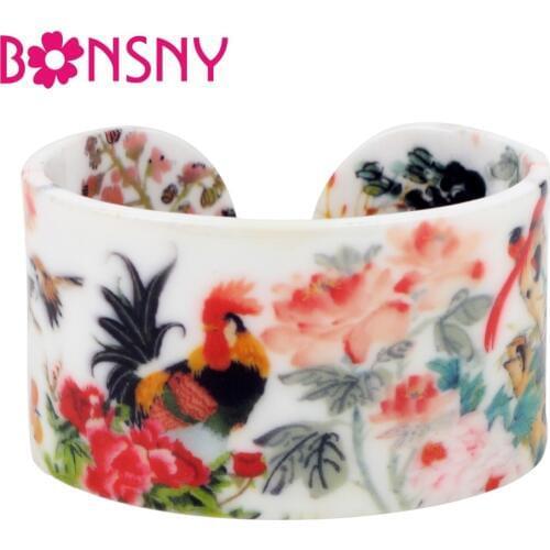Bonsny Plastic Traditional Chinese Pastoral Landscape Painting Bangles Bracelets Vintage Craft Jewelry For Women Girls Ladies