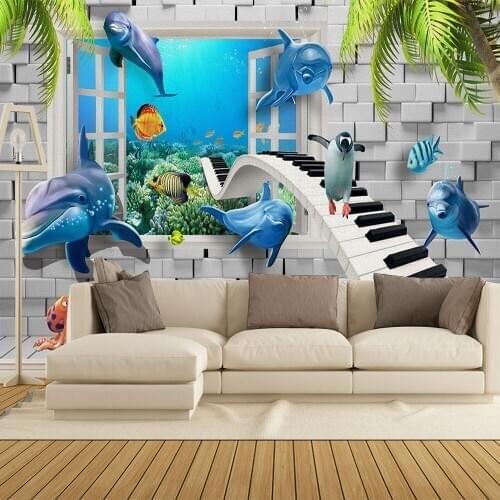 Custom Mural Wallpaper Underwater World Dolphin Tropical Fish Background Wall Painting