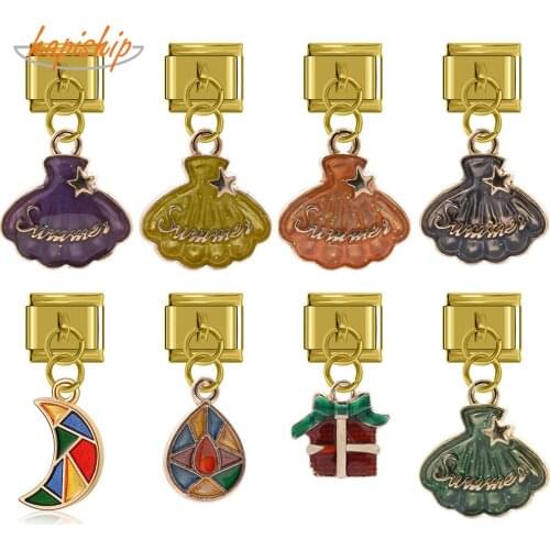 Hapiship Top New Original Daisy Gold skirt Moon Drop High-end Charm Fit 9mm Bracelet Stainless Steel Jewelry DIY Making DJ078