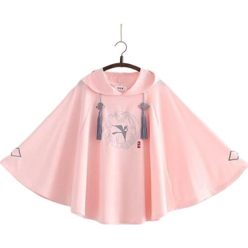 Cape Type Cotton Hoodies Harakuju Embroidery Kawaii Hooded Sweatshirt 2021 Autumn Batwing Sleeve Sweet Style Female Pullover Top