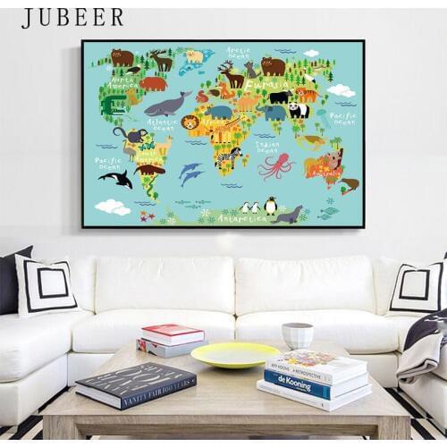 Map of The World with Animals Posters and Prints for Baby Room Wall Picture for Childrens Room Cute Animal Canvas Painting