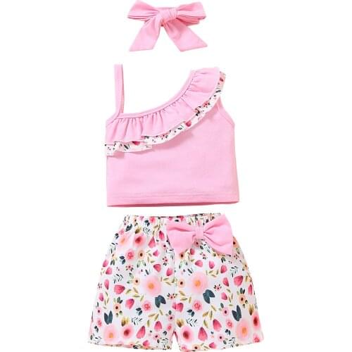 Toddler Girl’s Three Piece Set Fashion Ruffles Suspender Tops Floral Bow Short Pants Headband Summer Childrens Clothing Sets