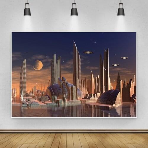 Laeacco Universe Photographic Backdrops Science Fiction Moon Night Spaceship Star Birthday Photography Backgrounds For Photozone