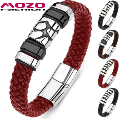 MOZO FASHION Men Bracelets Braided Street Hip Hop Stainless Steel Trendy Genuine Leather Wholesale High Quality Jewelry 176