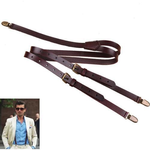 British Style 3 Clips Mens Leather Suspenders Vintage Adjustable Suspender Bronze Strap Pant Braces Y-Back Casual Suspenders