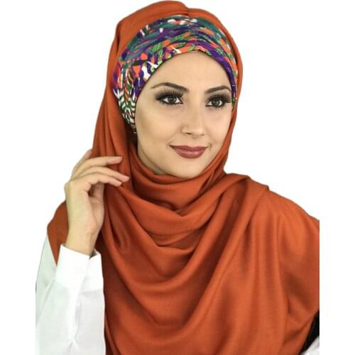 New Fashion Hijab 2021 Womens Hat Muslim Chiffon Headscarf Islamic Turban Tropical Flowers Pattern Brick Color Shirred Shawl