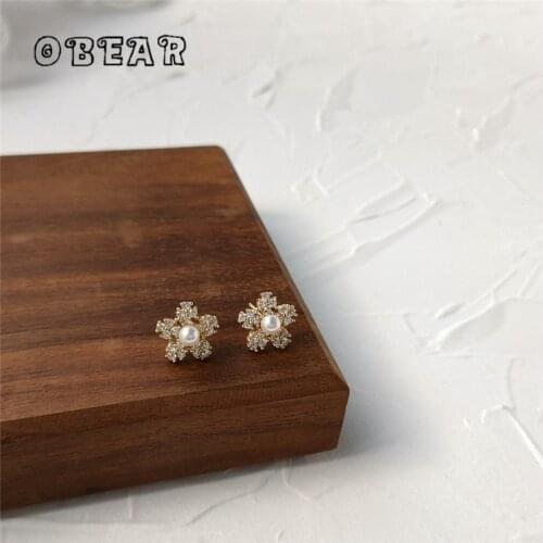 OBEAR 14K Real Gold Plated Simple Flower Zircon Pearl Stud Earring Women Fashion Elegant Daily All-Match Jewelry