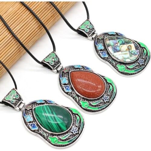 Natural Shell Alloy Pendant Gourd-shaped Rose Quartz Green Aventurine Retro Trend Necklaces Sweater Chain Jewelry Gem Making