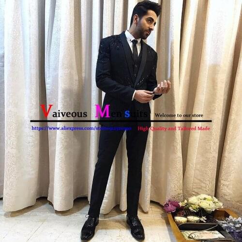 3 Pieces Black Luxury Beaded Men Suits Custom Made Wedding Suits Tuxedos Shawl Lapel Groomsmen Blazer+Pant+Vest Terno Masculino