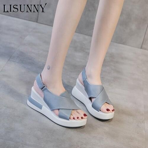LISUNNY Genuine Leather Wedges Sandals For Women High Heels Platform Sandals Summer Casual Shoes 2021 Sandalias Mujer