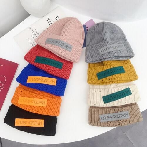 Hat Female Autumn and Winter Solid Color Labeling All-Matching Woolen Hat Style Letters Slipover Knitted Hat Casual Earmuffs