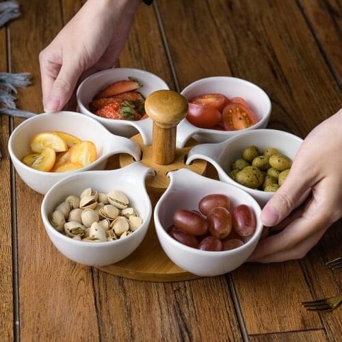 Nordic Ceramic Grid Fruit Dessert Nut Plate Hanging Afternoon Tea Snack Plate Simple Home Six Grid Snack Sauce Bowl with Shelf