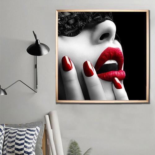 Modern Art Poster Canvas Print Beautiful Woman with Black Lace Mask over Her Eyes Spray Painting For Home Decoration Wall