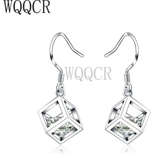 WQQCR New Square Earrings 925 Silver Color Brinco Luxury Crystal Zircon Earrings Girl Earrings Jewelry Gift