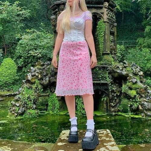 Y2K Midi Skirts Pink Cute Womens Heart Print Kawaii 2000s Aesthetic Long Skirt Double Layer Mesh Low Waist Summer Skirt