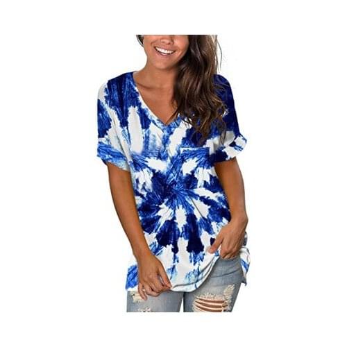 Summer New Womens Casual Loose V-Neck Short Sleeve Pocket Printed Women T-Shirt