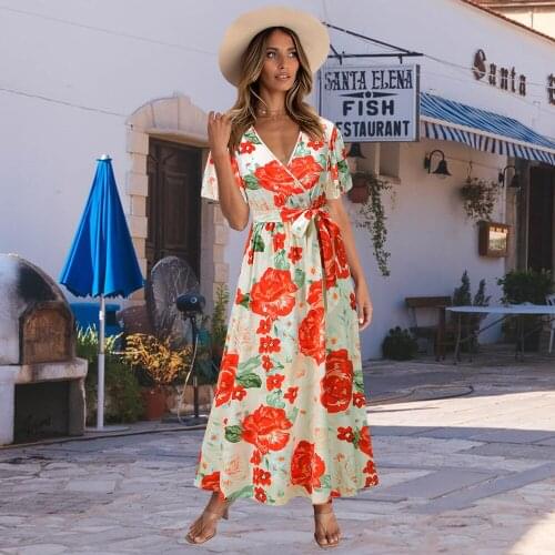 Women Summer Bohemian Style Vintage Butterfly Sleeve A-line Beach Dress Casual High Waist Print Sexy V-neck Boho Dress Vestido