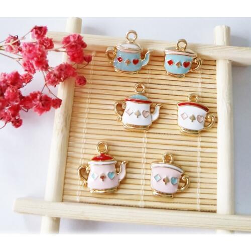 10pcs/bag Lovely Teapot Tea Cup Poker Enamel Charms DIY Earring Bracelet Hair Necklace DIY Craft Jewelry Making Charms FX027