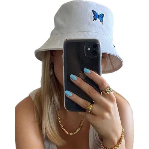 2020 Fashion Trend Women Ladies Summer New Butterfly Embroidered Fisherman Hat Simple Visor Caps Outdoor Sunshade Casual Sun Hat