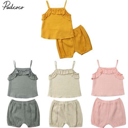 2020 0-3Y Toddler Baby Girl Clothes Ruffle Solid Vest Tops+Shorts Pants 2PCS Outfits Kids Soft Cotton Linen Clothing Set Summer