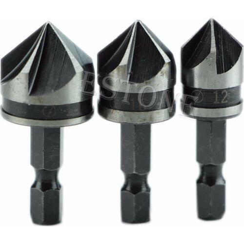3pcs12mm 16mm 19mm 1/4" Hex Shank 5 Flutes Chamfer Bit Flutes Chamfer Bit New