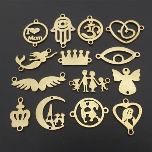 Real Gold Plating Stainless Steel Connectors Evil Eye Hand Yoga Mermaid Crown Virgin Mary Diy Bracelet Jewelry Findings 5pcs lot