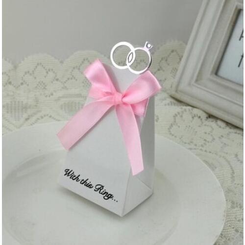 50 Pcs New Arrival White Clear Diamond Ring Style Wedding Favor Gift Box Sugar Candy Box with Pink Ribbons
