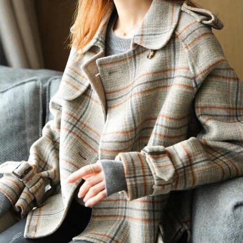 Double-sided coat female small loose and thin plaid spring and autumn woolen coat coats and jackets women
