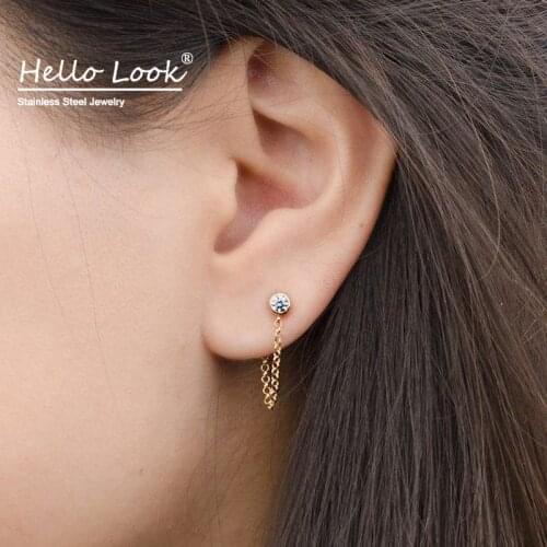 HelloLook Asymmetry Stud Earring for Women 316L Stainless Steel Rhinestone Earring for Teens Girl Zircon Chain Earrings Jewelry