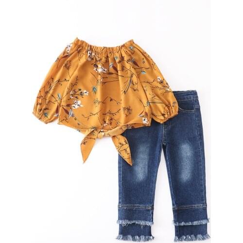 Girlymax Baby Girls Mustard Floral Tie Knot Top Long Sleeve Boutique Cotton Outfits Denim Jeans Set Kids Clothing