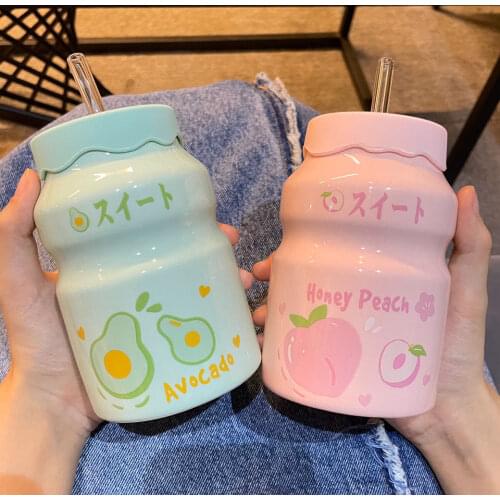 2021 New Cute Pink Mug With Straw Ceramic Cup Travel Camping Portable Home Male and Female Students Milk Coffee Cup