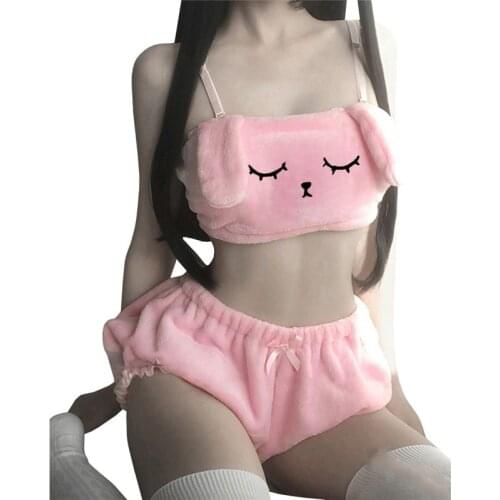 Summer Women Pajamas Set Cartoon Rabbit Ear Sleepwear Bedroom Lingerie Underwear Plush Bra Set Homewear Girl Cute Soft Nightwear