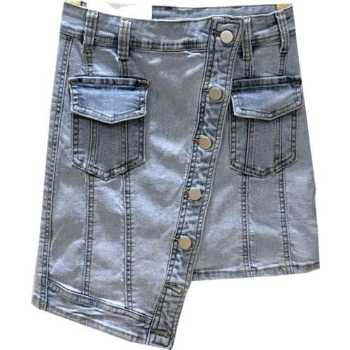 Fashion Ladies Sexy Asymmetrical Mini Skirt High Waist Buttons A-Line Denim Skirts Women Casual Pockets Slim Fit Irregular Skirt
