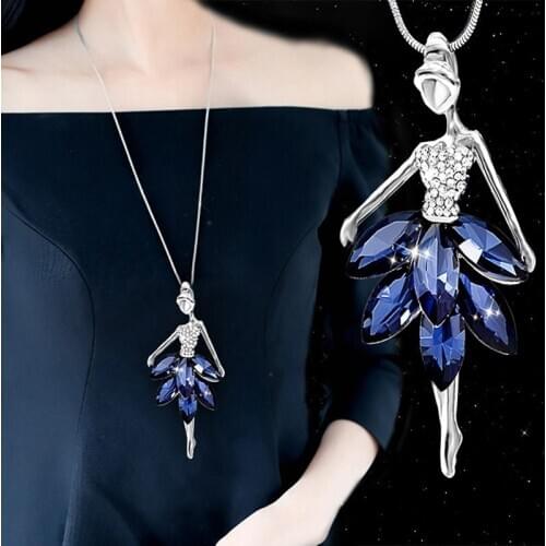 Fashion Blue Crystal Ballet Dance Girl Pendant Necklace Ballerina Classic Color Link Chain Pendant Necklaces Jewelry Girl Gifts