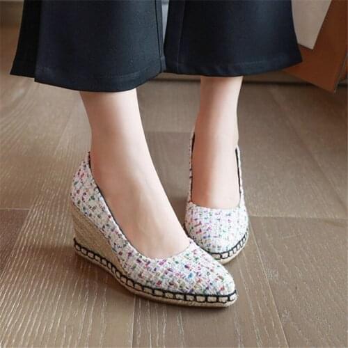 PXELENA Designer Knitting Office Lady Daily Pumps Wedge High Heels Shoes Women Slip On Classic 2020 Spring Autumn Female Pink 43