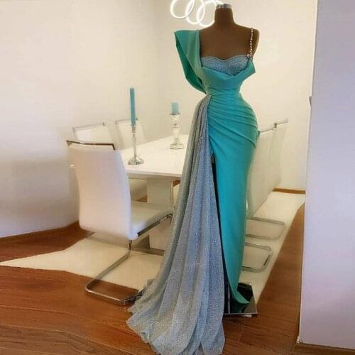Sexy Turquoise High Side Split Prom Dresses 2021 Mermaid Sequined Long Prom Gowns Crystal Formal Dresses Vestidos De Festa