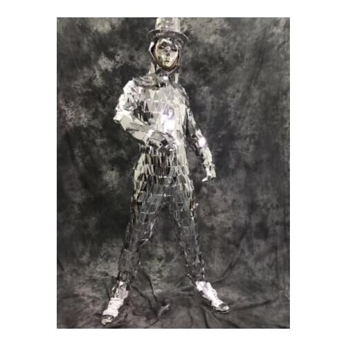 Sexy Male Singer Sequin Bodysuits ds Lens Oblique Silver Star Mirror Costume Mens Performance Dance Show Bodysuit with Hat
