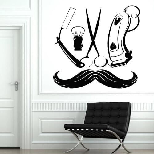 Barbershop Wall Decal Barber Tools Hair Moustache Shaves Hairstyle Vinyl Wall Sticker Mancave Beauty Salon Home Decoration Z313