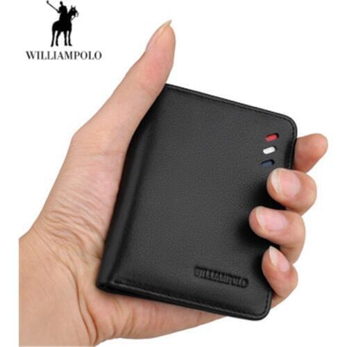 WILLIAMPOLO mens Slim wallet mini genuine leather mens short wallet casual fashion ultra-thin card package cartera hombre 250
