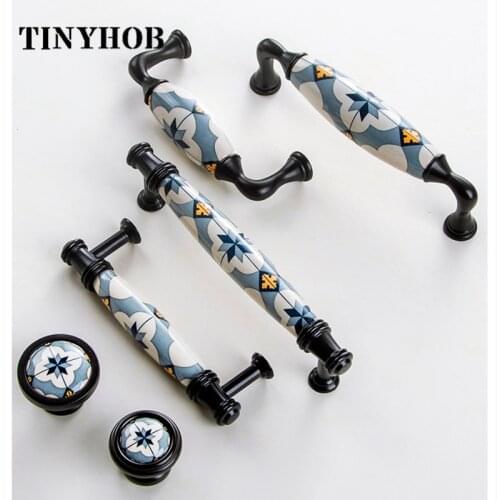 Vintage Ceramic Pulls Blue Villatic Furniture Drawer Knob and Handle European Kitchen Cabinet Handles for Furniture Hardware