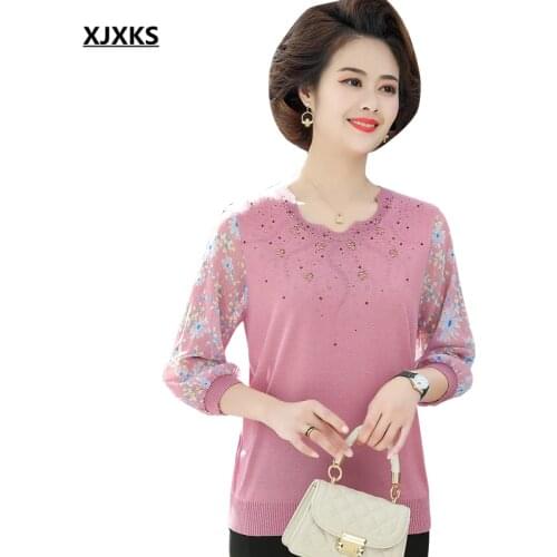 XJXKS Fashion diamond thin sweater women pullover 2021 spring autumn new loose plus size three-quarter sleeve women wool top