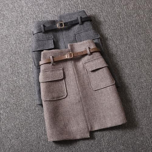 With Belt Skirt 2020 Spring and Autumn Skirt Irregular Houndstooth Skirt Woman Skirts Mujer Faldas Saias Mulher