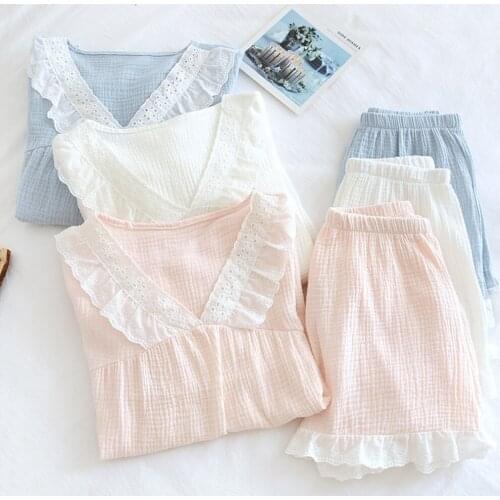 Fdfklak Summer Suit With Shorts For Women Homewear Loungewear Solid 2021 New Pure Cotton Fashion Pyjamas Set Home Service