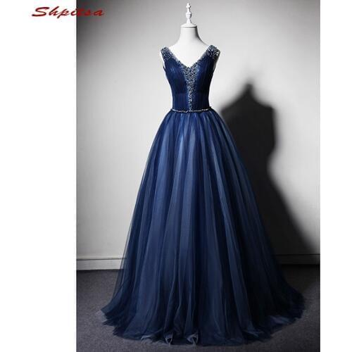 Navy Blue Long Evening Dresses Party Beaded Tulle A Line Women Prom Formal Evening Gowns Dresses Wear robe de soiree longue