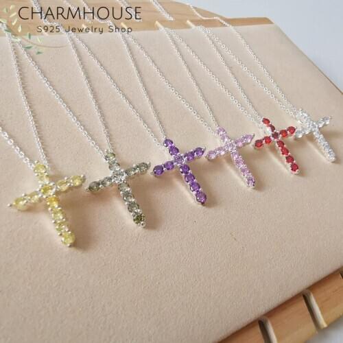 Pure Silver Necklaces For Women Cubic Zirconia Cross Pendant & Necklace Chain Collier Femme Choker Rhinestone Jewelry Accesories