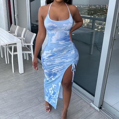 Unaiza Tie Dye Drawstring Side Slit Women Maxi Dresses Strap Sleeveless Party Club Fashion Slim Backelss Bodycon Halter Dress