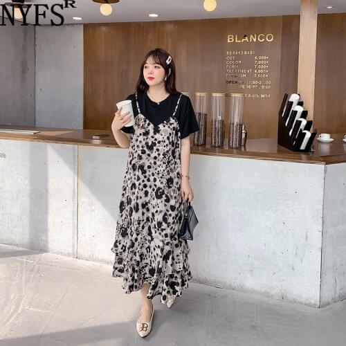 NYFS 2021 New Korean Loose Leopard Print Woman Dress Vestidos Robe Elbise Fake two-piece Fashion Summer Dress